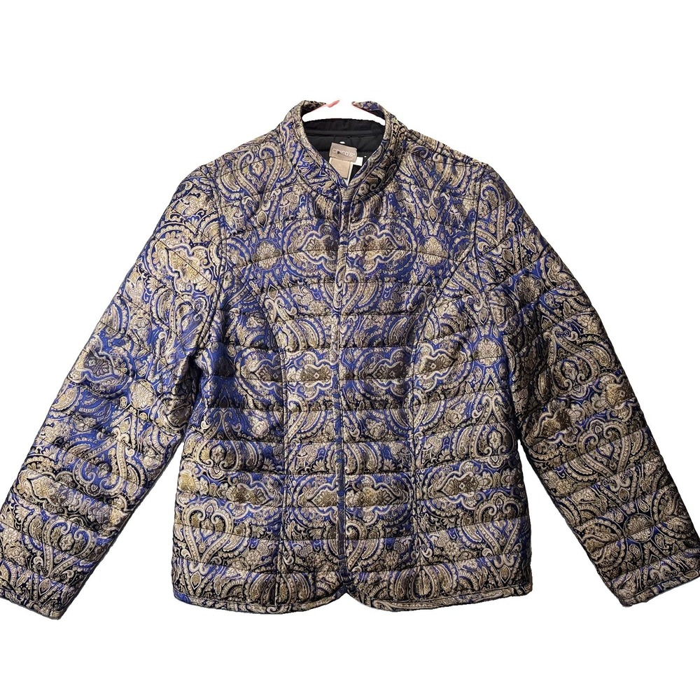 Chico's Blue Gold Paisley Brocade Jacket Size 0 4/6 Long Sleeve Open Front